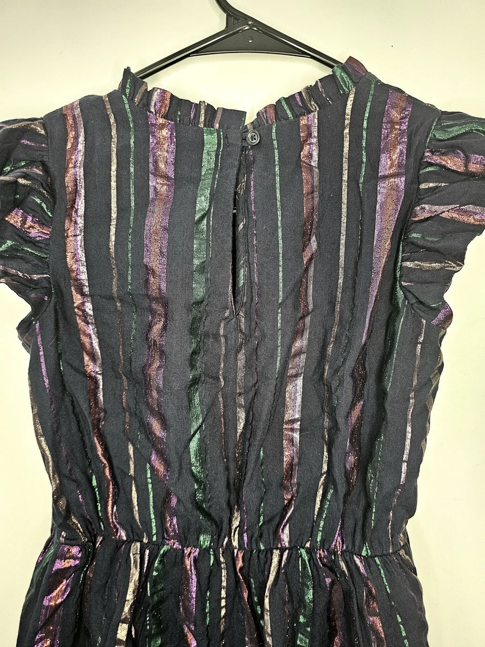 Gap Kids Metallic Stripe Ruffle Dress Girls Large 10 Black Purple Green